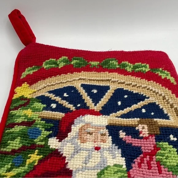 VTG Macy’s Stocking Needlepoint Santa Christmas Red Holiday Velvet Back Tree Dol - Picture 7 of 9
